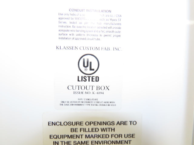 Klassen Custom Fab K-4094 Electrical Enclosure JIC Panel Box 39x39x19" Type 12