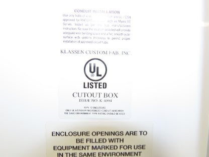 Klassen Custom Fab K-4094 Electrical Enclosure JIC Panel Box 39x39x19" Type 12