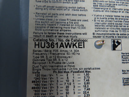 Square D HU-361 Safety Disconnect Switch 30A 600V 3Ph 30HP Non Fused Lot Of 4