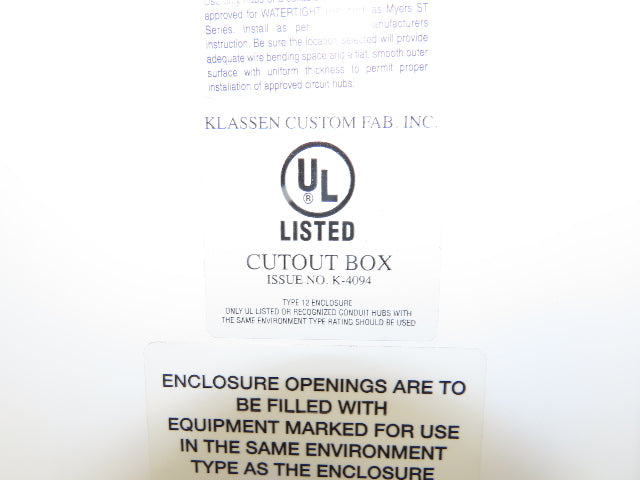 Klassen Custom Fab K-4094 Electrical Enclosure JIC Panel Box 39x39x19" Type 12