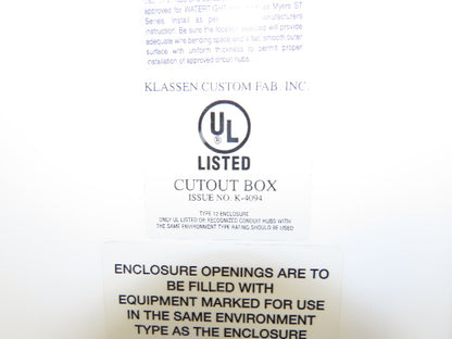 Klassen Custom Fab K-4094 Electrical Enclosure JIC Panel Box 39x39x19" Type 12