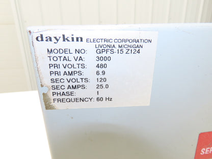 Daykin GPFS-15 Z124 Stepdown Transformer Disconnect 3kVA 1Ph HV 480V LV 120V