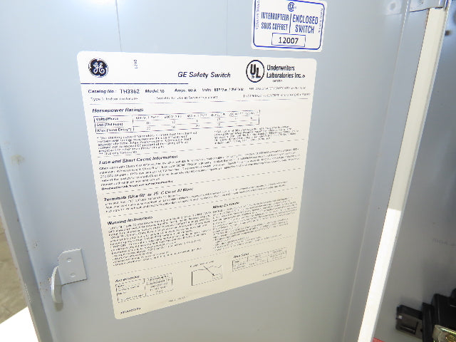 General Electric TH3362  Safety Disconnect Switch Fused 60A 600VAC Model 10
