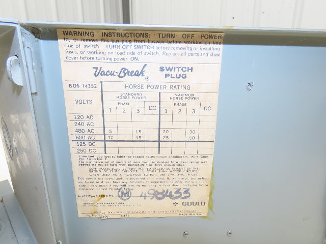 Gould Modicon BOS14352 Vacu-Break Switch Plug W Clampmatic Contacts 60A 600V