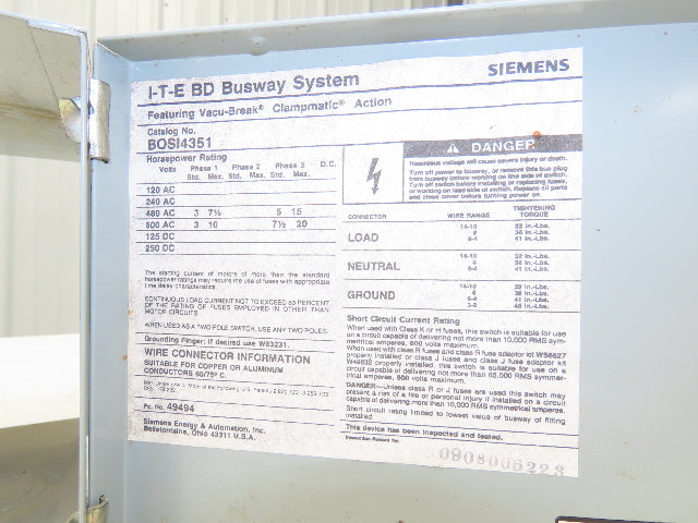 Siemens BOS14351 BD Busway Vacu-break Fusible Disconnect Switch 30A 600V