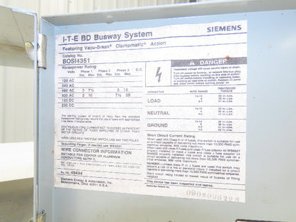 Siemens BOS14351 BD Busway Vacu-break Fusible Disconnect Switch 30A 600V