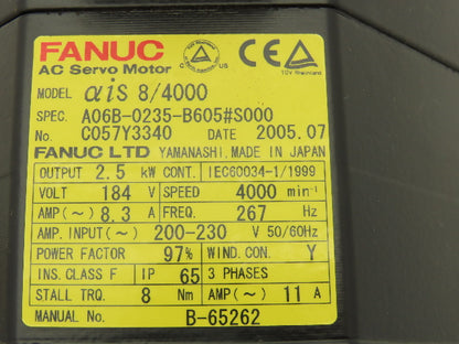 Fanuc A06B-0235-B605 AC Servo Motor 2.5kW 184v 3Ph 4000RPM Encoder A8602010T341