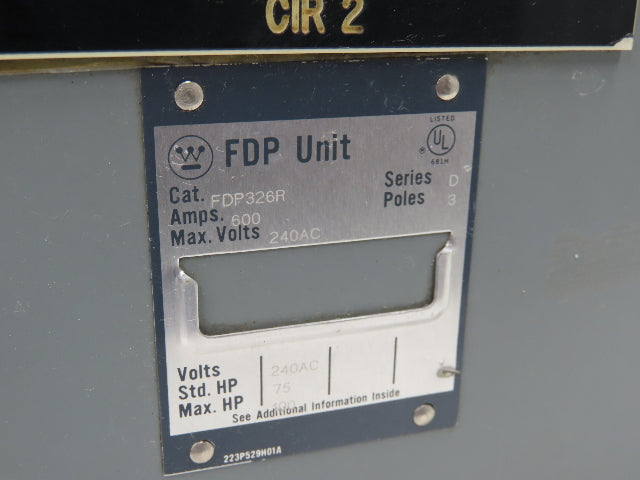 Westinghouse FDP326R Safety Disconnect Switch 600A 240VAC 100Hp 3Ph Fused