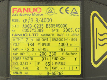 Fanuc A06B-0235-B605 AC Servo Motor 2.5kW 184v 3Ph 4000RPM Encoder A8602010T341