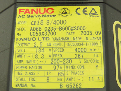 Fanuc A06B-0235-B605 AC Servo Motor 2.5kW 184v 3Ph 4000RPM Encoder A8602010T341