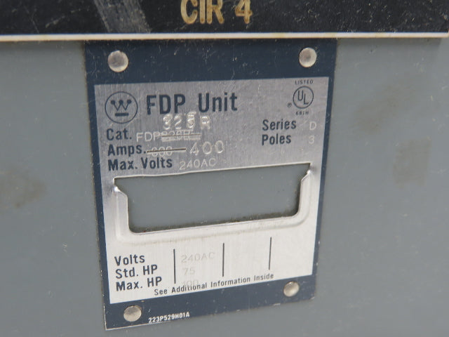 Westinghouse FDP325R Safety Disconnect Switch 400A 240VAC 100Hp 3Ph Fused