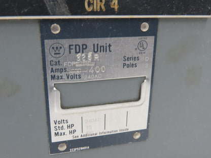 Westinghouse FDP325R Safety Disconnect Switch 400A 240VAC 100Hp 3Ph Fused