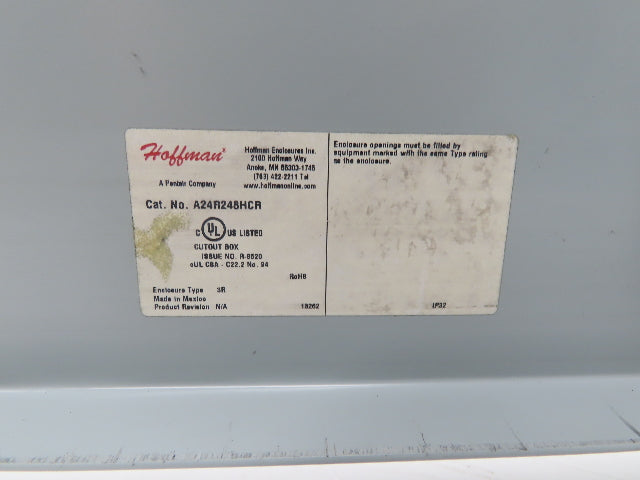 Hoffman A24R248HCR Electrical Enclosure JIC Panel Box 24x24x8" Type 3R