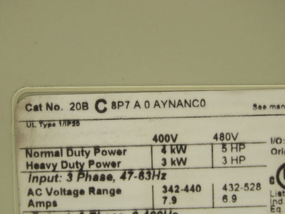 Allen Bradley 20BC8P7A0AYNANC0 PowerFlex 700 AC Drive VFD 5Hp 480V 3PH Ser B
