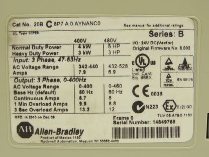 Allen Bradley 20BC8P7A0AYNANC0 PowerFlex 700 AC Drive VFD 5Hp 480V 3PH Ser B