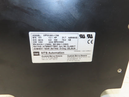 MTS Automation MPM1901-1766 AC Servo Motor 13Hp 230VAC 3Ph 3000RPM W/Encoder