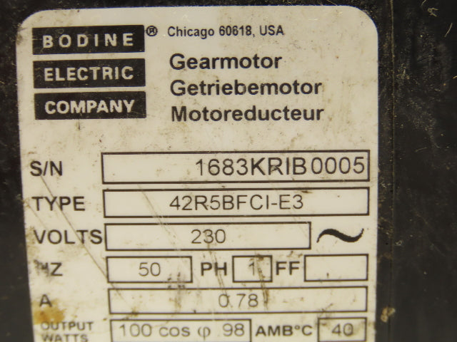 Bodine 42R5BFCI-E3 Gearmotor 30:1 Ratio 1/6Hp 47 RPM 230V 50Hz Parallel Shaft
