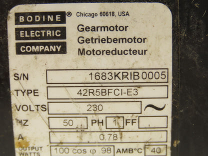 Bodine 42R5BFCI-E3 Gearmotor 30:1 Ratio 1/6Hp 47 RPM 230V 50Hz Parallel Shaft