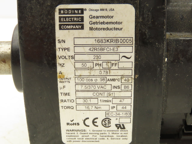 Bodine 42R5BFCI-E3 Gearmotor 30:1 Ratio 1/6Hp 47 RPM 230V 50Hz Parallel Shaft