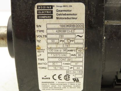 Bodine 42R5BFCI-E3 Gearmotor 30:1 Ratio 1/6Hp 47 RPM 230V 50Hz Parallel Shaft