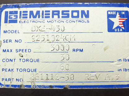 Emerson 861112-50 Servo Motor 3000RPM 43V 30 in-lbs Cont / 60 in-lbs Max Torque