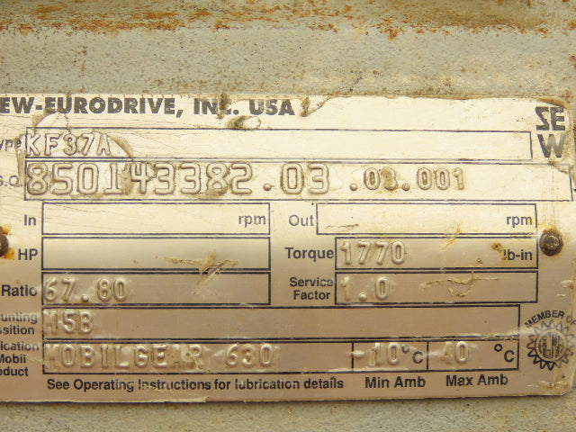Sew-Eurodrive KF37A Reducer Gearbox for Gearmotor 67.8 Ratio 1" RH Output