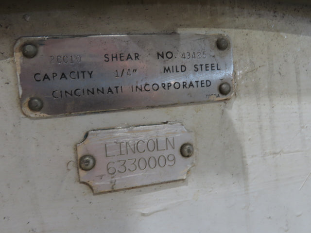 Cincinnati Sheet Metal Shear 1/4"x 10' AccuCut Feed Table PMI Shearmate Outfeed