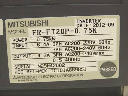 Mitsubishi Electric FR-F720P-0.  75K Inverter Drive .75KW 240VAC 3Ph 6.4A 50-60Hz