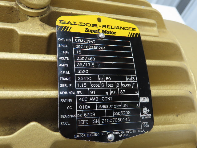 Baldor Electric CEM2394T Super E AC Motor 15Hp 3520 RPM 230/460V 3PH 254TC