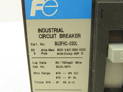 Fuji Electric BU3FHC-030L Circuit Breaker 3Ph 30A 600VAC 3 Pole 250VDC