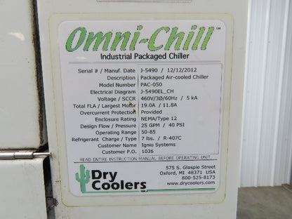 Dry Coolers PAC-050 Onmi Chiller Cooling Oil Chiller Air Cooled 480V 3Ph 25 GPM