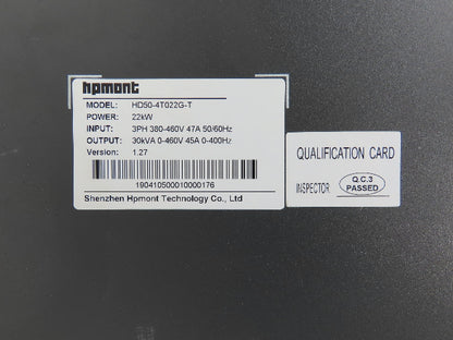Hpmont HD50-4T022G-T Vector VFD Inverter AC Drive Control 22kw/29.5Hp 460V 3PH