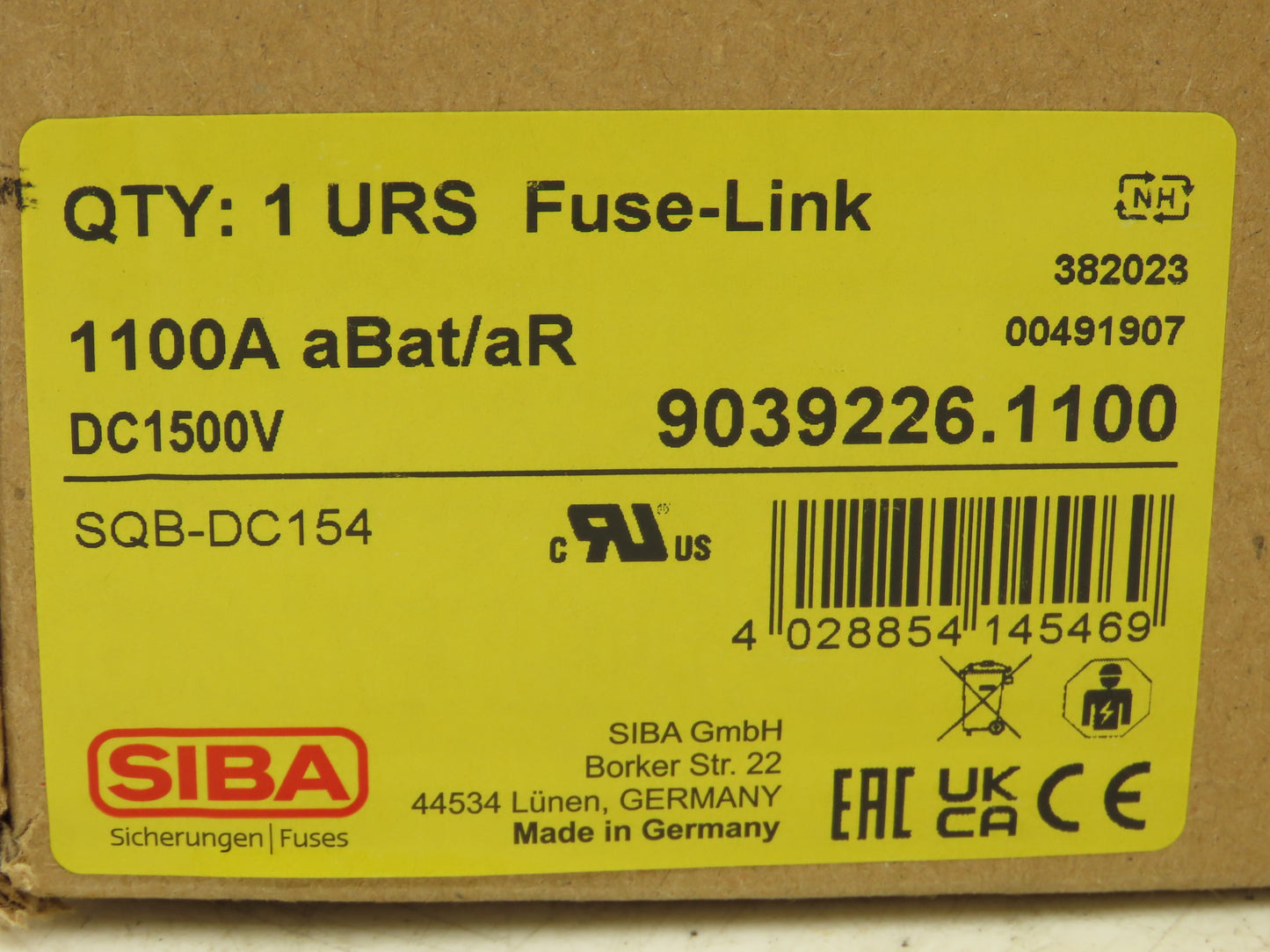 SIBA SQB-DC154 Ultra-Rapid Fuse 1100A Amp aBat/Ar DC 1500V 9039226.1100