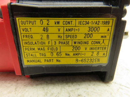 Fanuc A06B-0113-B075 AC Servo Motor 0.2kw 3000RPM Encoder A20B-8001-0560