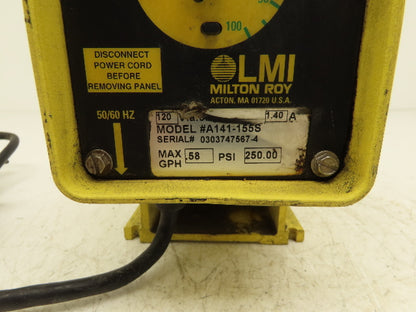 LMI Milton Roy A141-155S Chemical Metering Dosing Pump 0.58GPH 120V 250PSI
