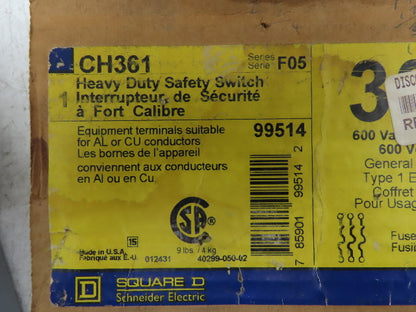Square D CH361 Safety Disconnect Switch 30A 600V 20HP Fused 3 Pole