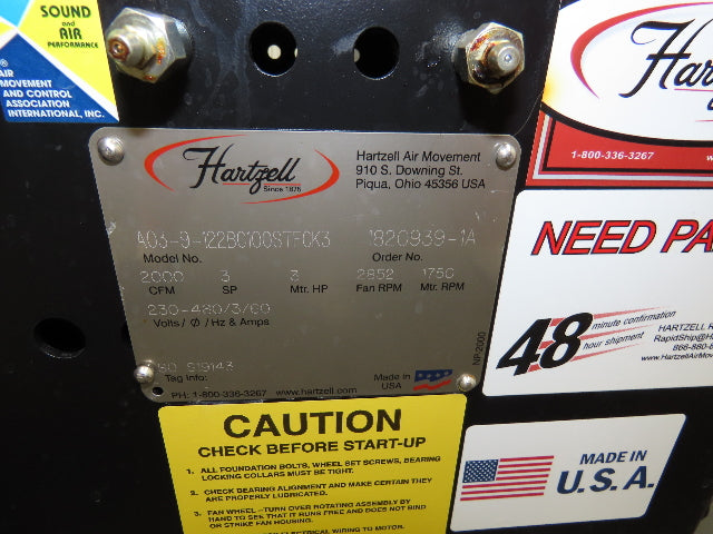 Hartzell A03-9-122 Backward Incline Centrifugal Blower 13" Fan Belt Drive 3Hp