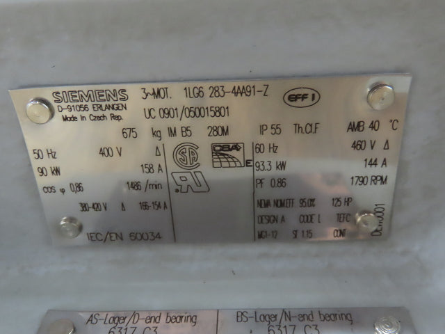 Siemens 1LG6-283-4AA91-Z AC Motor 125Hp 93.3kw 1790RPM 460V 3PH 280M IEC Frame