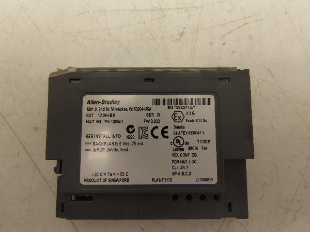 Allen Bradley 1734-IB8 PLC I/O Digital Input Module 24V Ser D FW 3.022 Lot Of 5