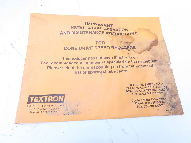 Cone Drive MOV25-50-C1A Vertical Worm Gearbox 900:1 Reducer 1.26Hp 1.9RPM 180TC