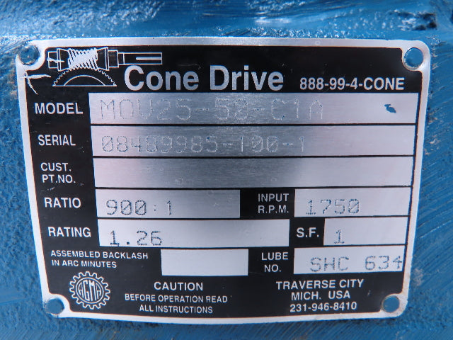 Cone Drive MOV25-50-C1A Vertical Worm Gearbox 900:1 Reducer 1.26Hp 1.9RPM 180TC