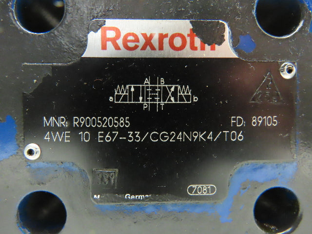 Rexroth 4WE10 E67-33/CG24N9K4/T06 Hydraulic Directional Control Valve 24V Coil