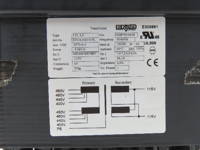 EMB Wittlich Step Down Power Transformer 3.0kVA 400/440/460/480V 1ph Sec 115VAC