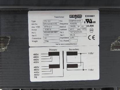 EMB Wittlich Step Down Power Transformer 3.0kVA 400/440/460/480V 1ph Sec 115VAC