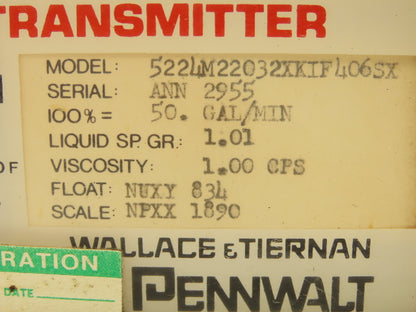 Wallace & Tiernan 522LM22032XKIF406SX Flow Meter Dial Transmitter 50 GPM Gal/Min