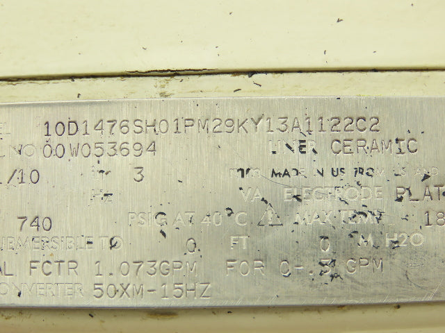 ABB 10D1476SH01PM29KY13A1122C2 Flow Tube Meter 1/10" 3mm Ceramic 740psi