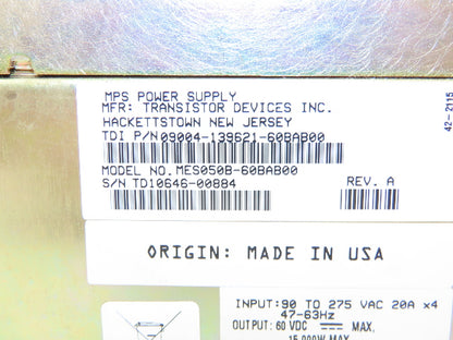 TDI Phoseon MES050B-60BAB00 MPS Power Supply 60VDC 139621-60BAB00