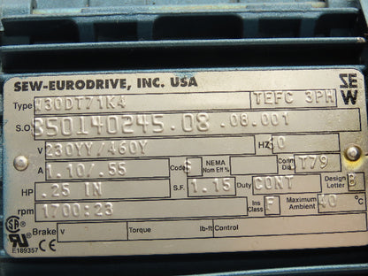 Sew Eurodrive W30DT71K4 Gearmotor 73.9 Ratio 23rpm .25Hp 230/460V 3/4" LH Output