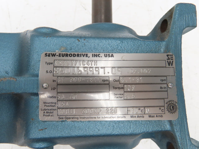 Sew Eurodrive K37DT71C4TH Variable Gearmotor 5-31rpm 58.6:1 Ratio .33Hp 3PH LH