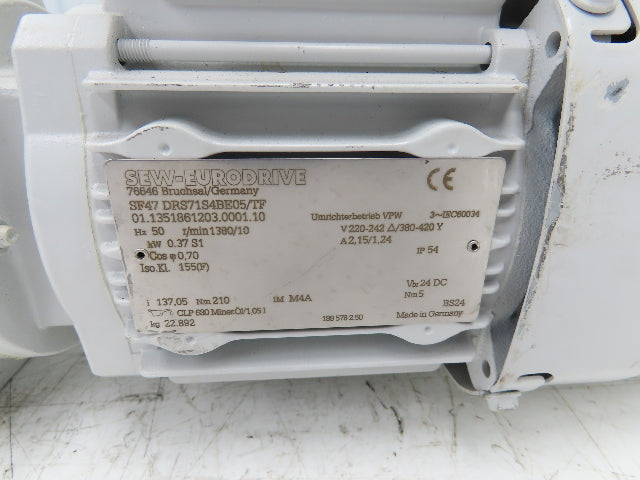 Sew Eurodrive SF47DRS71S4BE05/TF Brake Gearmotor 137:1/10rpm .37kw 220/380V 50Hz